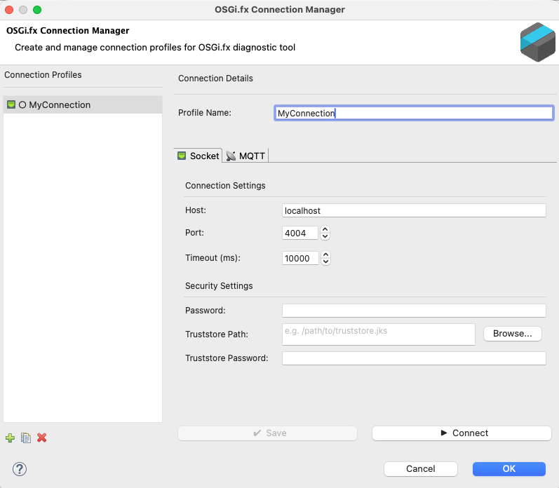 OSGi.fx Connect Dialog